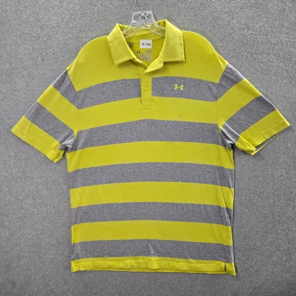 Under Armour Men Polo‎ Shirt Large Yellow Rugby Striped Logo HeatGear Loose